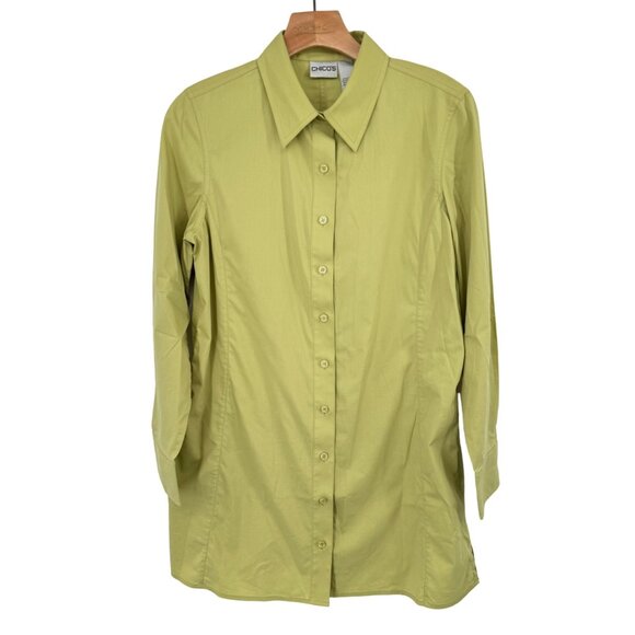 Chico's 1 Long Sleeve Button-Down tunic Shirt Size medium Green women's cotton - Picture 1 of 8